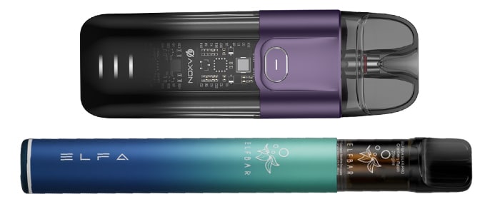 Visuel d'un pod Luxe de Vaporesso, et d'une Elfbar d'Elfa